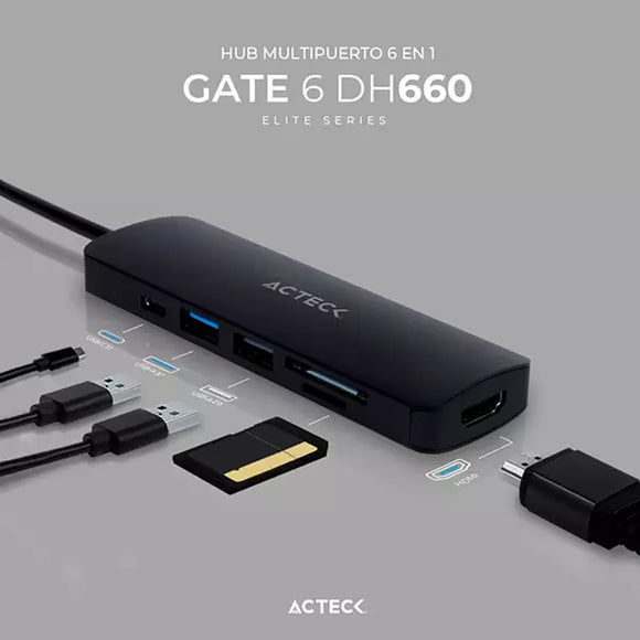 HUB Docking Acteck USB C 6 en 1 Gate 6 DH660 4K HDMI USB A 3.0 USB A 2.0 SD/TF USB C PD cargador